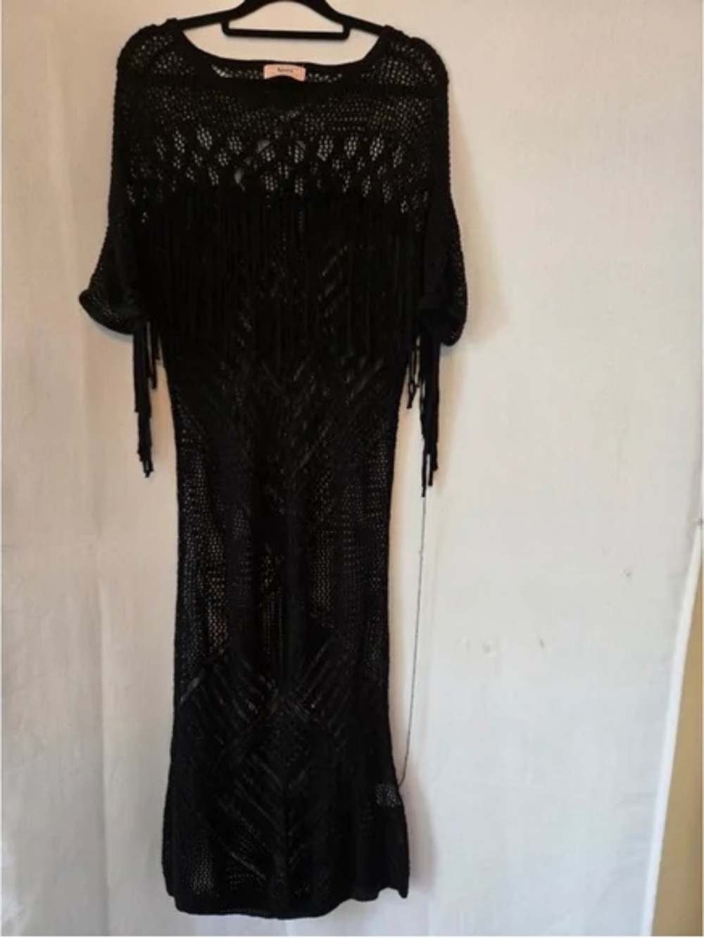 Boho Black Crochet Fringe Midi Cover-Up Dress